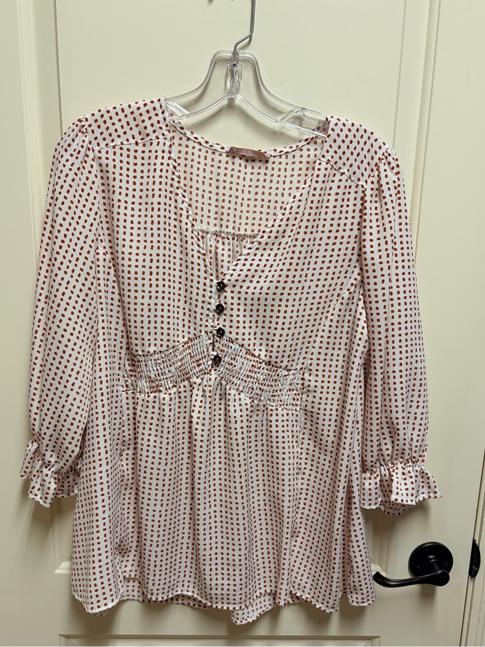 Ces Femme Blouse with Rust Polka Dot Print and Button Front